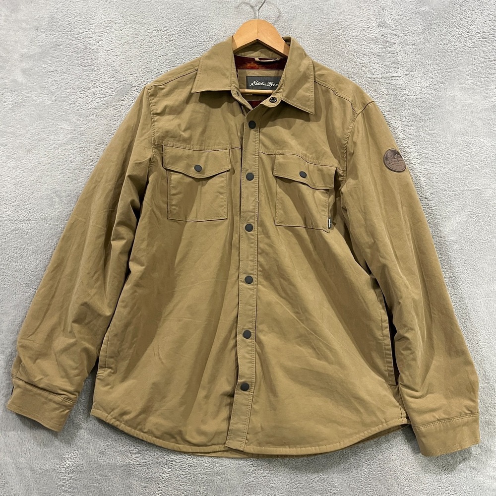 Eddie Bauer Fleece Lined‎ Shirt Jacket Mens M Tan Aztec Geometric Shacket